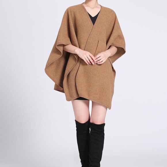 Women's Plus Size Wool Blend Cross Front Cape Wrap Warm Fall Winter Shawl - Picture 2 of 7